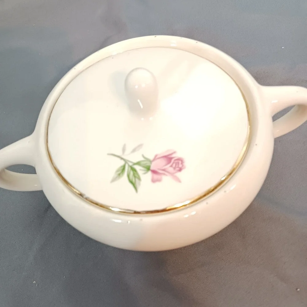 Vintage Sugar Bowl White Excellent Pink Rose Gold Trim Vintage